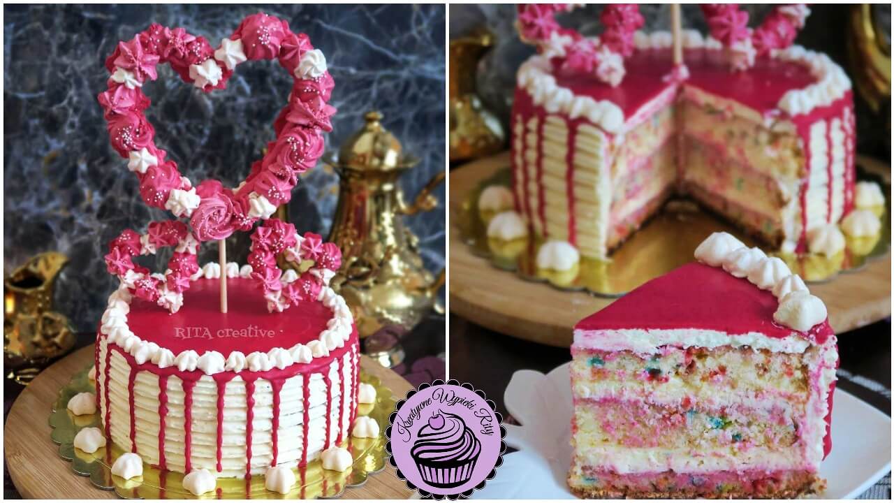 Tort z różowymi bezami na patyku i posypką confetti na urodziny