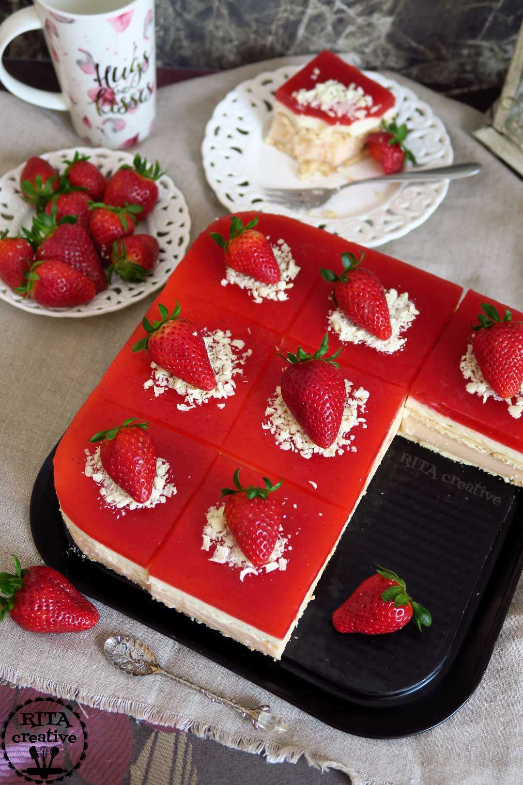 budyniowiec z musem truskawkowym ciasto bez pieczenia