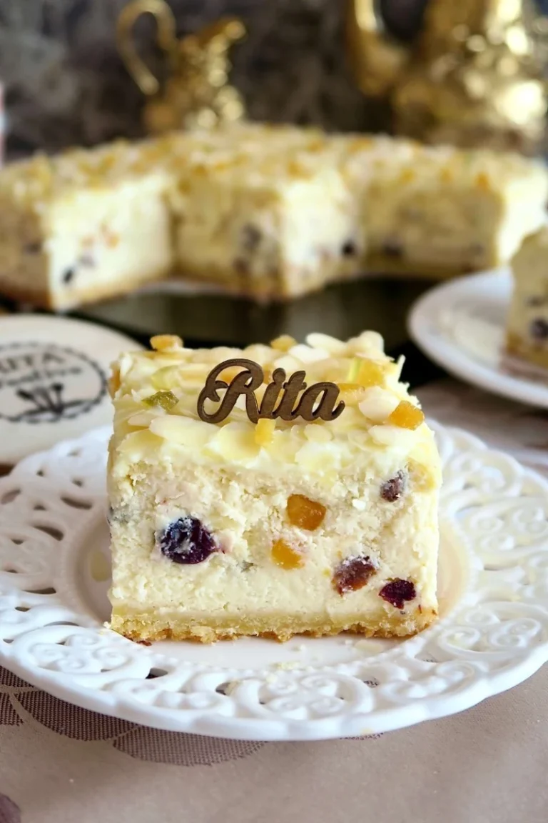 Sernik bakaliowy na kruchym spodzie – śmietankowy, kremowy deser z mleczną polewą, płatkami migdałów i skórką z cytrusów.