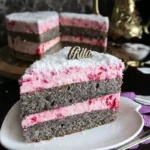 Zbliżenie na bok torcika makowego, widoczna wilgotna struktura kremu z malinami i posypka z kokosa.